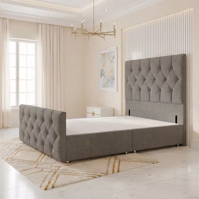 Somnior Beds Ltd Chesterfield Linen Divan Bed Base in Silver Grey with 54 inch Floor Standing Headboard and 22 inch Footboard