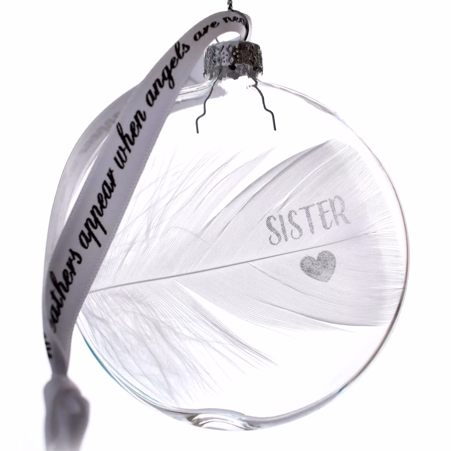 Amaya Rose Ltd In Memory of Sister Feather Round Glass Bauble in Clear and White – 2