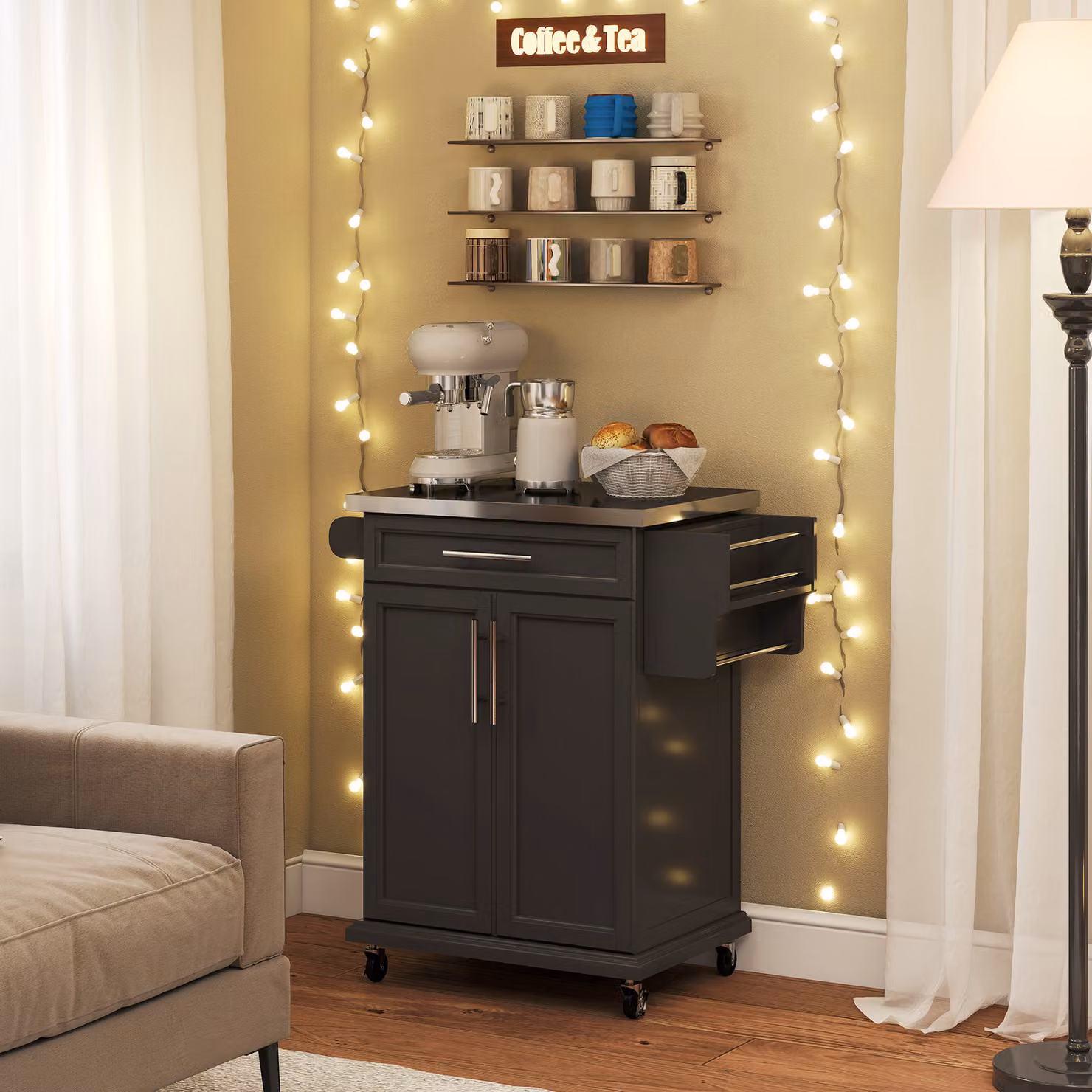 HOMCOM Modern Black Kitchen Island Cart with MDF and Metal Construction – 7