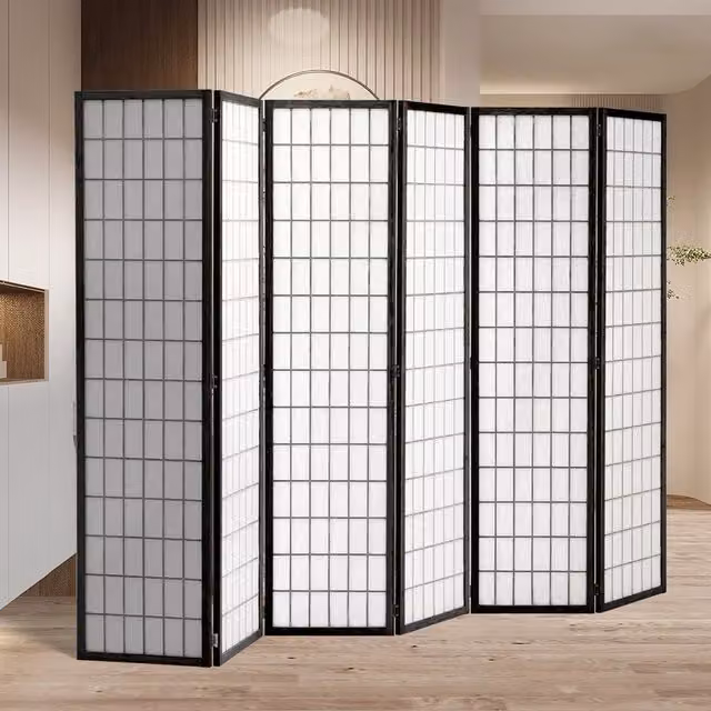 Livingandhome Black Geometric Japanese Folding Wooden Room Divider, 270 cm