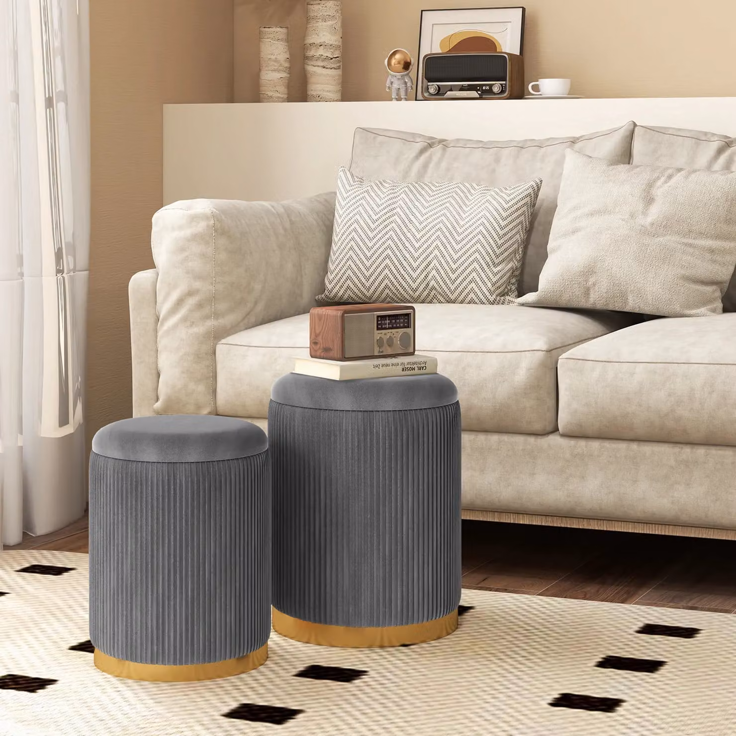 Gymax Set of 2 Grey Velvet Round Nesting Storage Ottomans and Vanity Chairs – 6