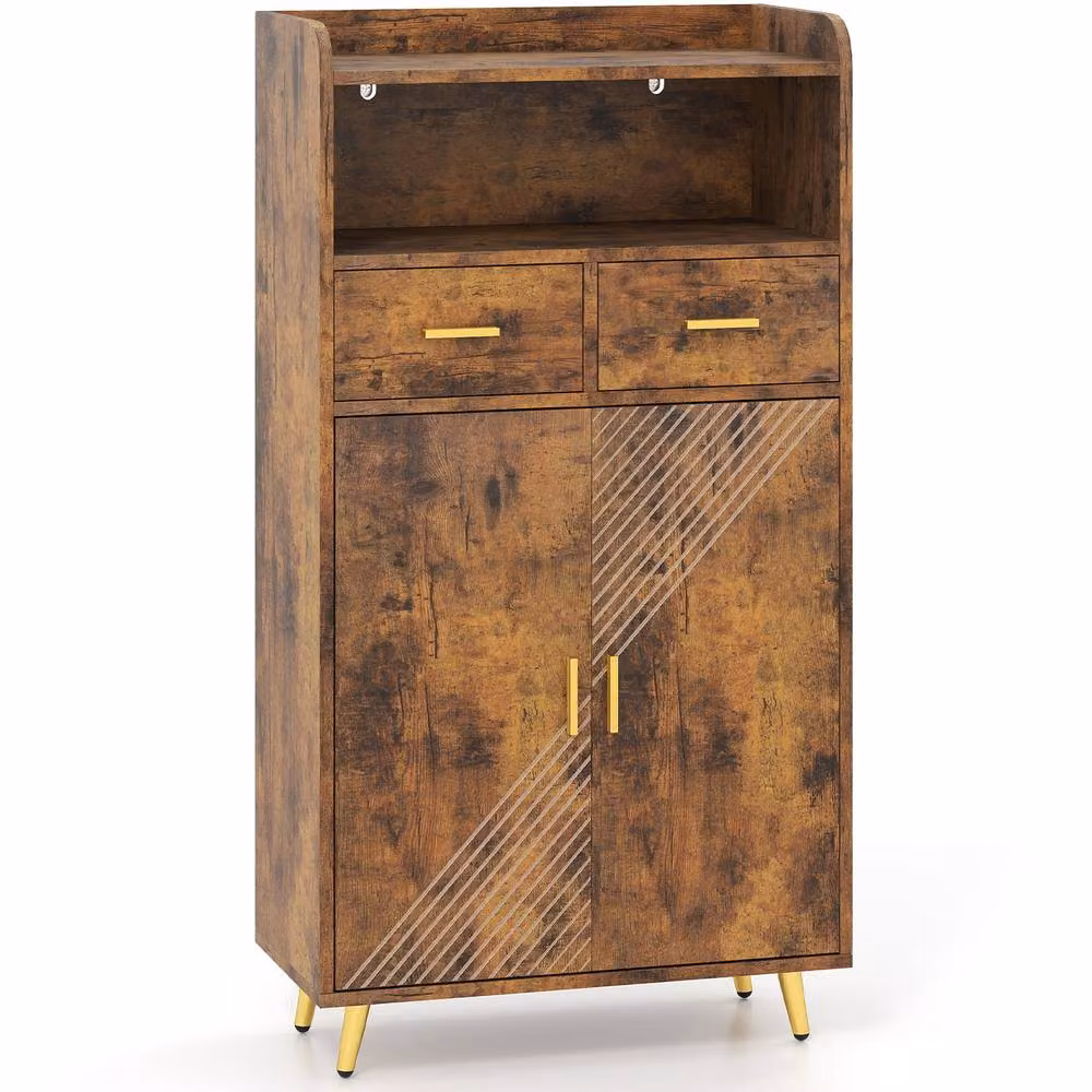 Costway Kitchen Pantry Storage Hutch Cupboard in Brown with Hinged Doors and Internal Shelves – 2