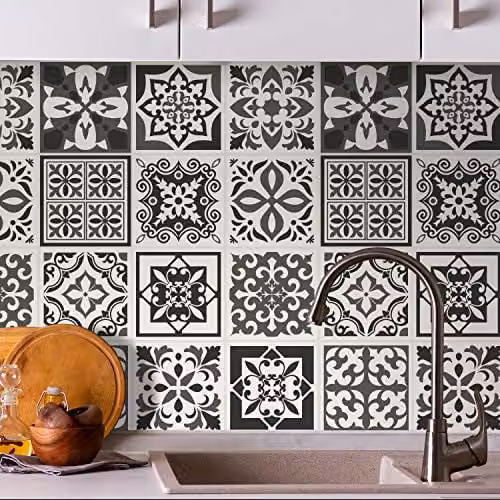 WALPLUS 24 Pcs Mediterranean Dark Grey Geometric Tile Stickers, Self-Adhesive Peel and Stick Vinyl Wall Decals, 15 cm x 15 cm
