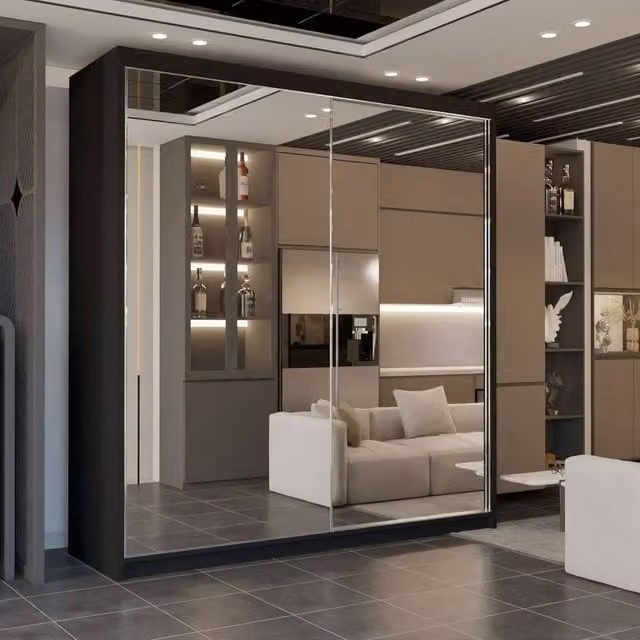 Sliding Wardrobes 4U Queen Double Full Mirror Sliding Door Wardrobe in Black, W: 200 cm, H: 217 cm