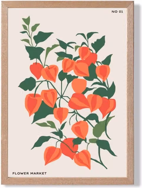 ARTZE Minimalist Orange and Green Climbing Plant Floral Framed Print with Oak Frame, A3