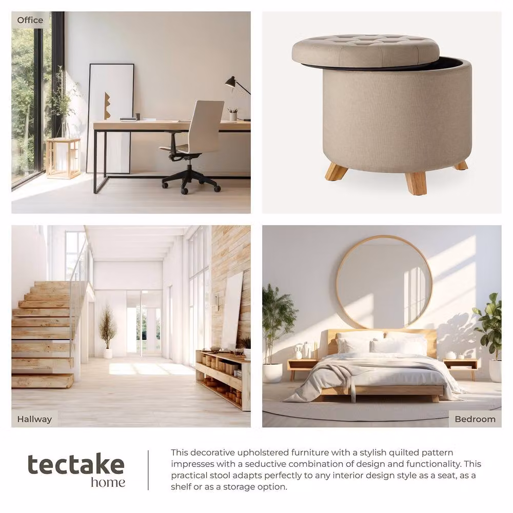 tectake Suna Round Padded Stool with Large Storage Space in Light Sand – 6