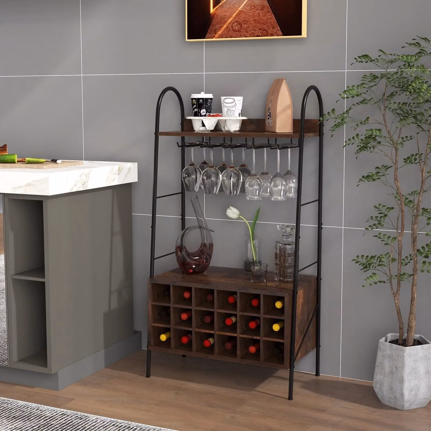 Costway Industrial Detachable Wine Bar Storage Sideboard, Freestanding Brown Cabinet with Metal and Glass Details – 3