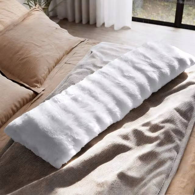 Sweet Dreams White Faux Fur Rectangular Body Bolster Pillow for Adults
