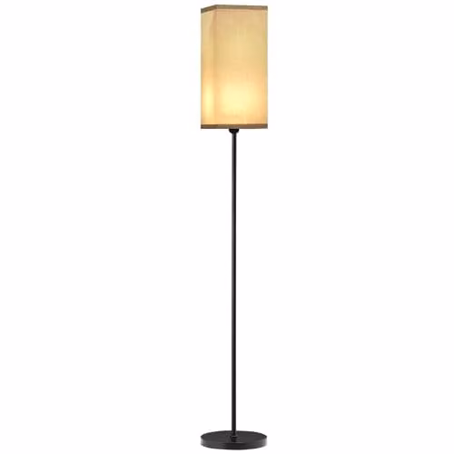 HOMCOM Minimalist Standing Floor Lamp with Linen Shade in Black and Light Brown – 1