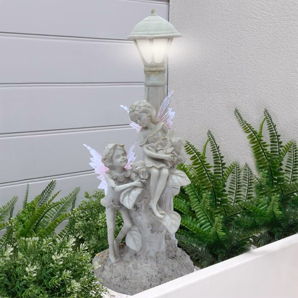 Gardenwize Solar Fairies Under Lamp Post Ornament with Warm White LED Light in Grey – 3