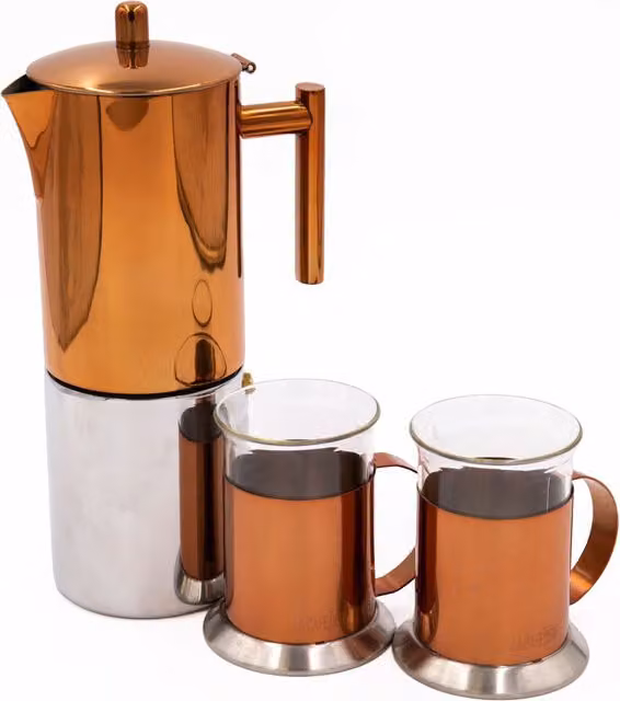 La Cafetiere 3-Piece Espresso Set with 10-Cup Copper Coffee Maker and Two Mugs in Metallic Gold – 1