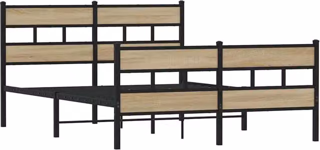 Berkfield Home Metal and Wood Bed Frame in Sonoma Oak and Black, W: 135 cm, H: 91.5 cm, D: 190 cm – 1