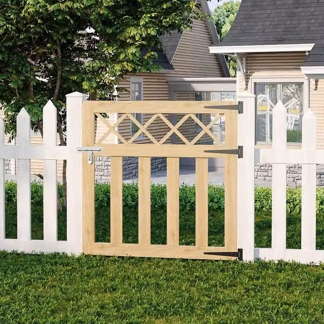 Livingandhome Spruce Wood Garden Fence Single Gate with Wire Mesh Design in Soft Yellow, Width: 90 cm