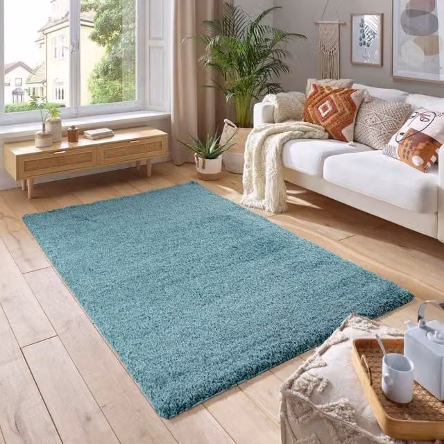 Smart Living Duck Egg Blue Shaggy Area Rug with 5cm Thick Pile, W: 200 cm, D: 290 cm