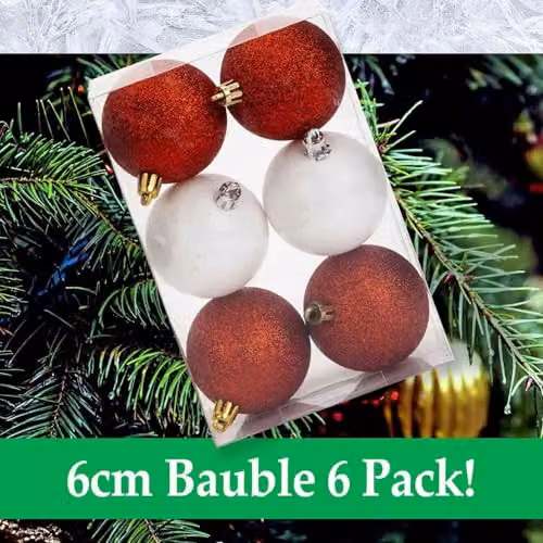VFM e-Store Red, White and Gold Round Christmas Baubles, 6cm (6 Pack) – 7