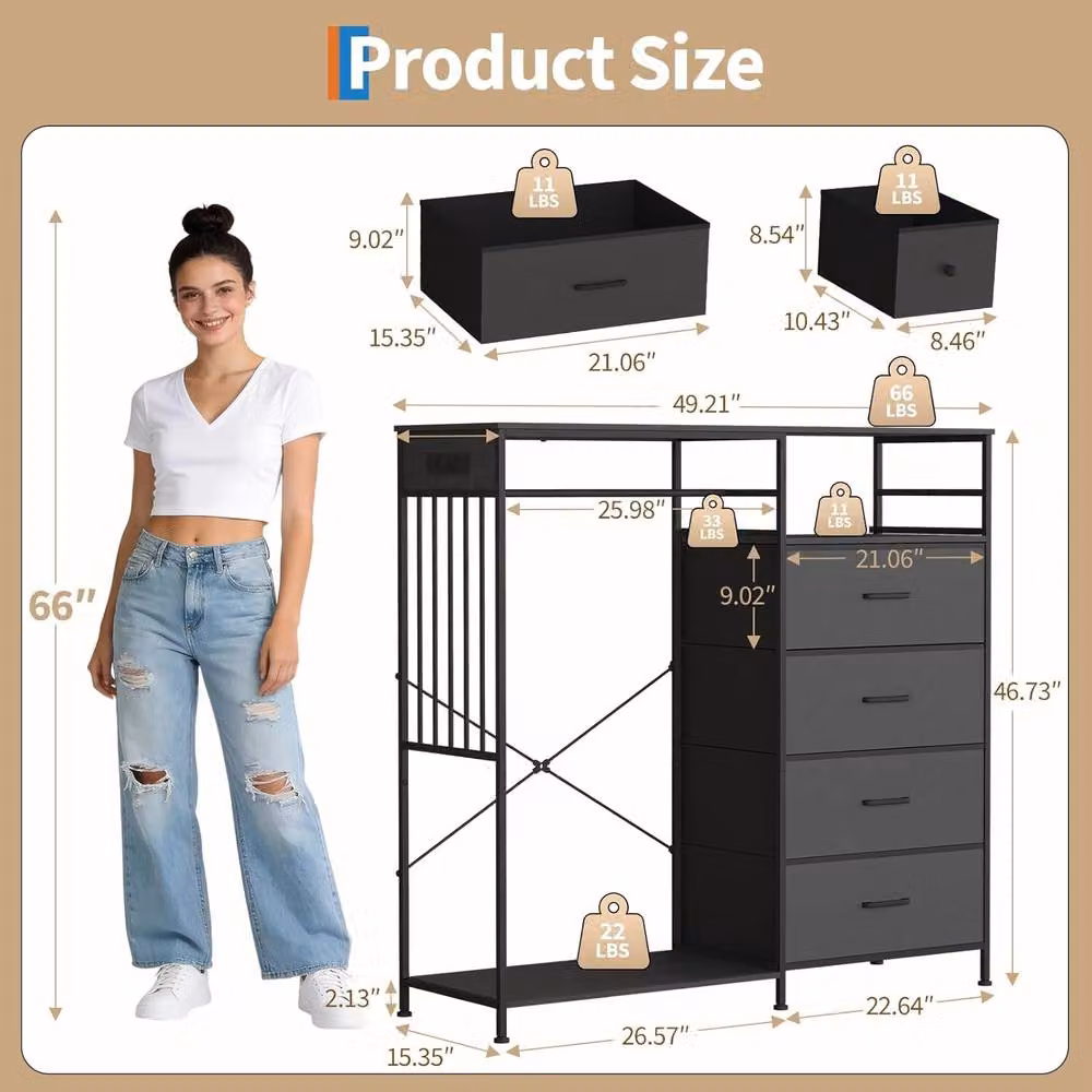London Boutique 6-Drawer Dresser with Hanging Rod and Charging Station in Black – 2