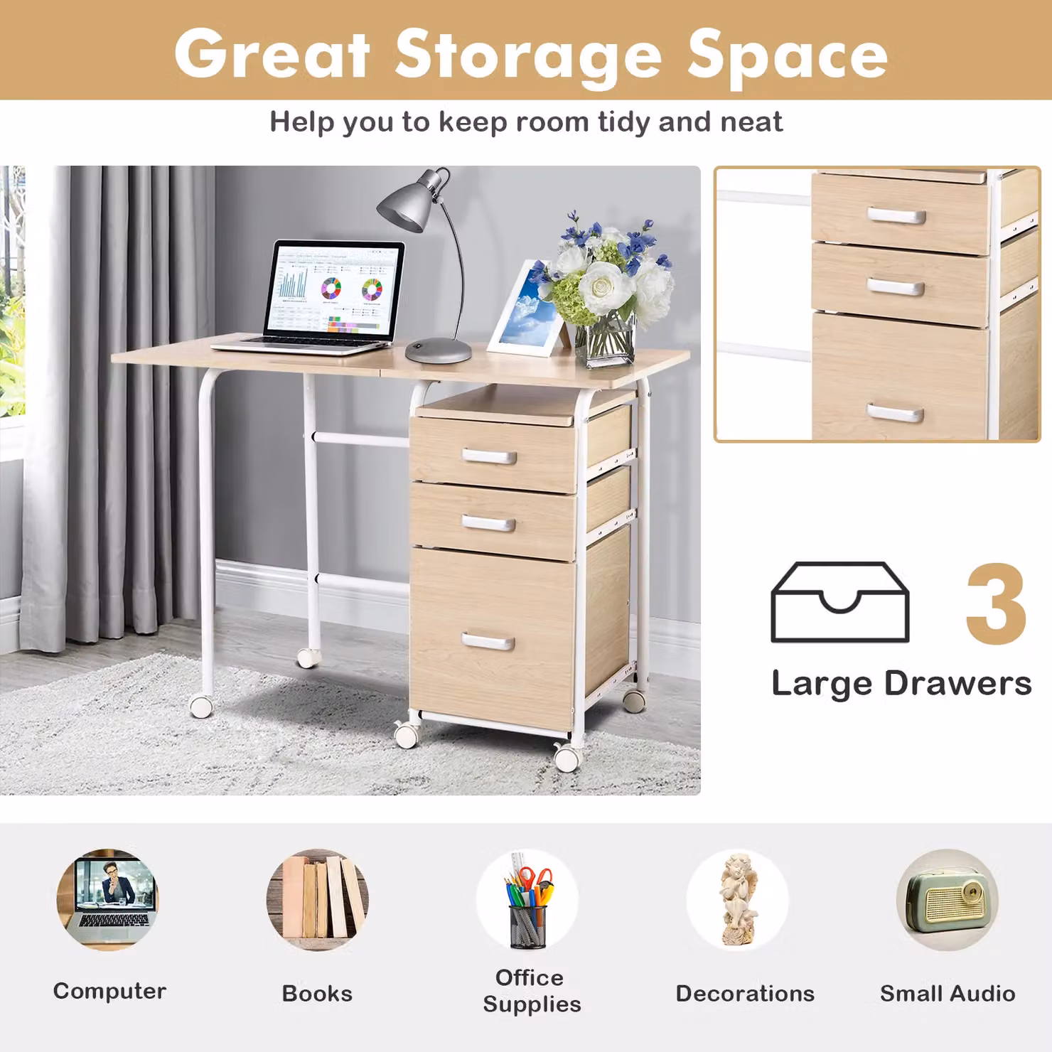 Gymax Folding Office Desk with 3 Drawers and Castors in Beige – 2