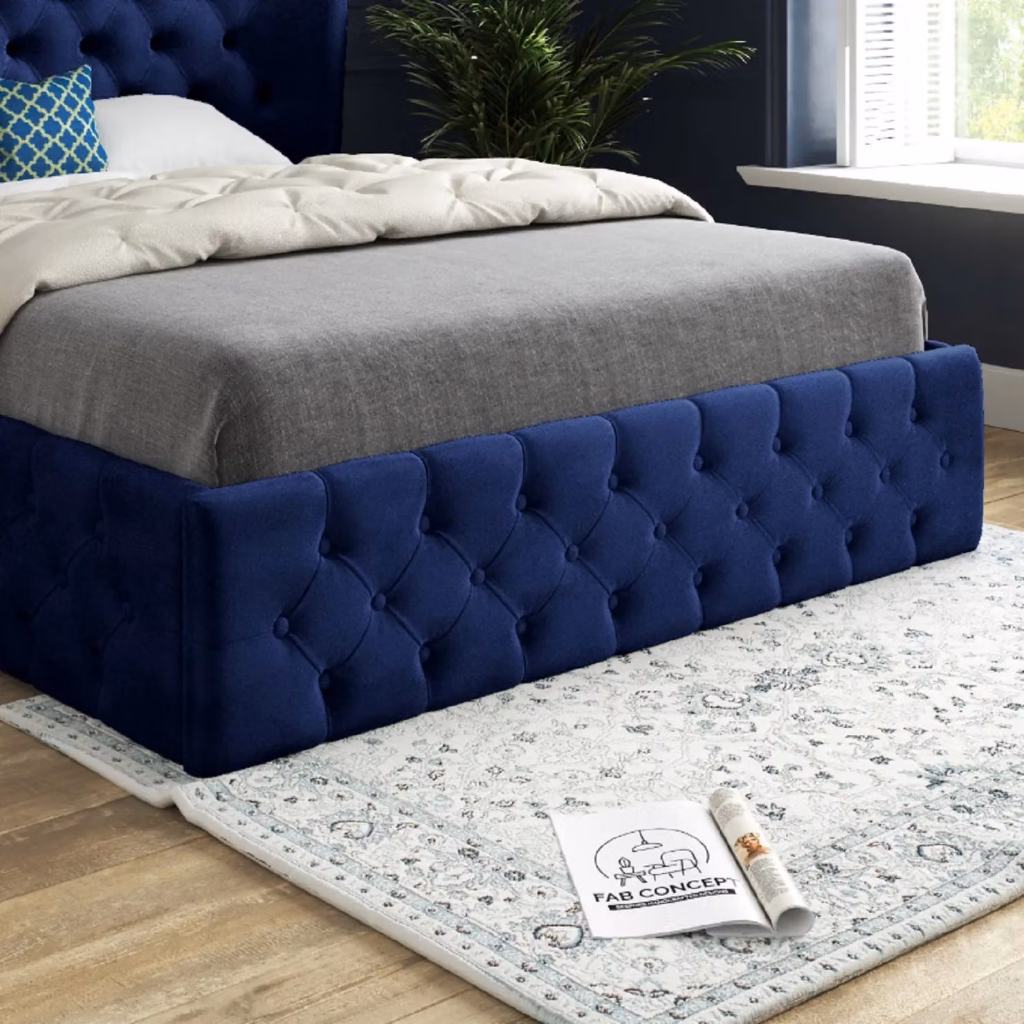 KDMD Florence Wide Winged Upholstered Soft Velvet Blue Bed Frame, Size: Single (90 x 200 cm) – 3
