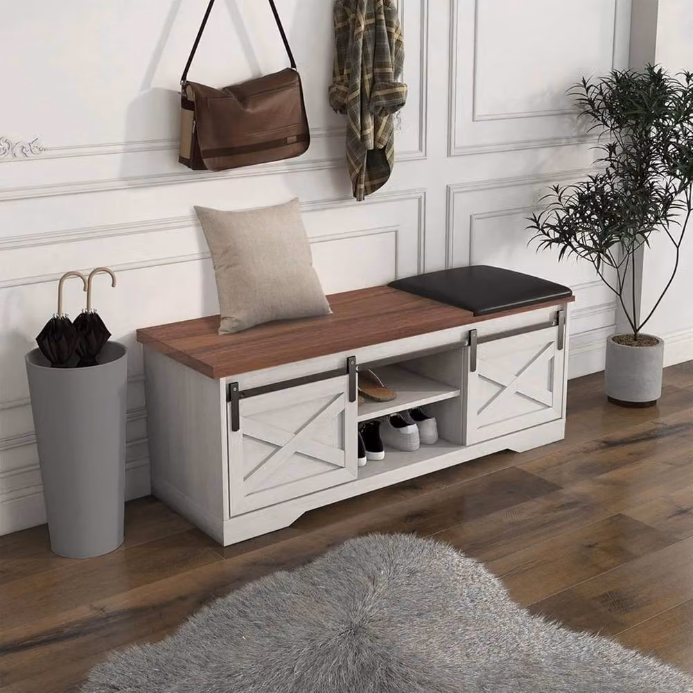 VOGREX Cushioned Shoe Storage Bench in White and Multicolour with Synthetic Leather and Wood Finish – 3