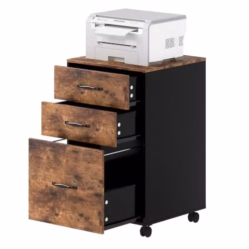 Levede 3 Drawer Slim Mobile Filing Cabinet in Brown with Castors for Home Office, W/D/H: 40.0 x 14.85 x 68.0 cm