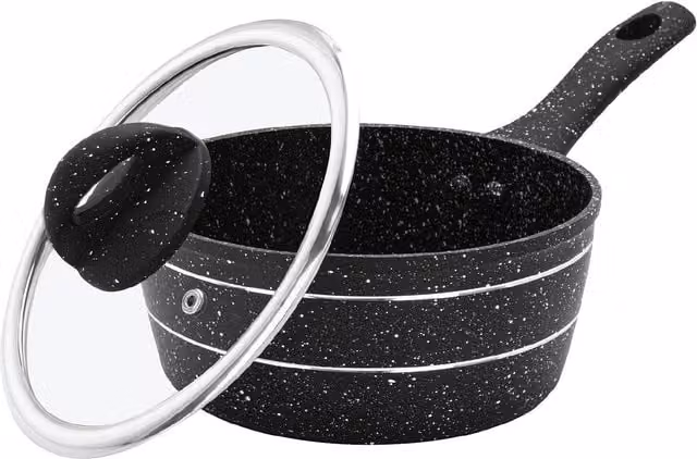 Royalford Non-Stick Granite Coating Multipurpose Saucepan with Glass Lid, Black, 20cm