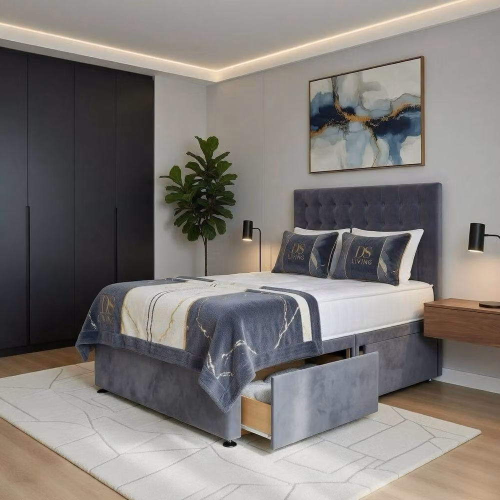 DS Living Casia Grey Velvet Upholstered Drawer Bed, W/D/H: 200 x 200 cm – 2