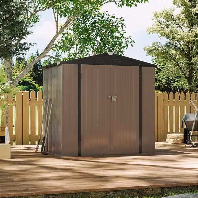 Livingandhome Brown Galvanised Steel Gable Garden Shed with Sliding Doors and Lock