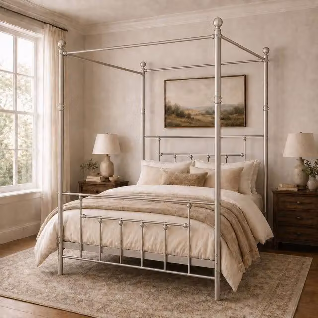 SquareBoxx Charlotte Double Four Poster Metal Bed Frame with Metal Slats in Silver, 140 x 200 cm – 1