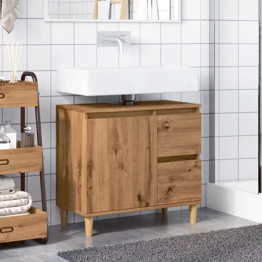 Berkfield Home Artisan Oak Sink Cabinet in Brown, W/D/H: 65 x 33 x 60 cm – 3