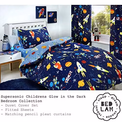 Bedlam Supersonic Glow In The Dark Stars Duvet Cover and Pillowcase Set, Blue, W/D/H: 150 x 120 x 70 cm – 4