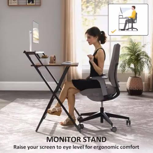HOMCOM Folding Computer Desk with Monitor Shelf, Rustic Brown – 5