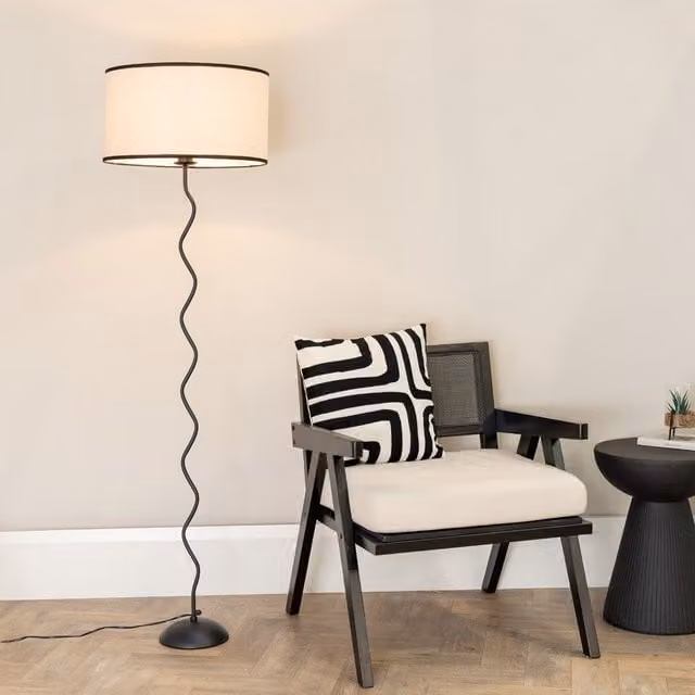 ValueLights Wiggle Black Metal Floor Lamp with Black Linen Cylinder Shade and LED Bulb, H 160 cm x W 45 cm x D 45 cm – 1