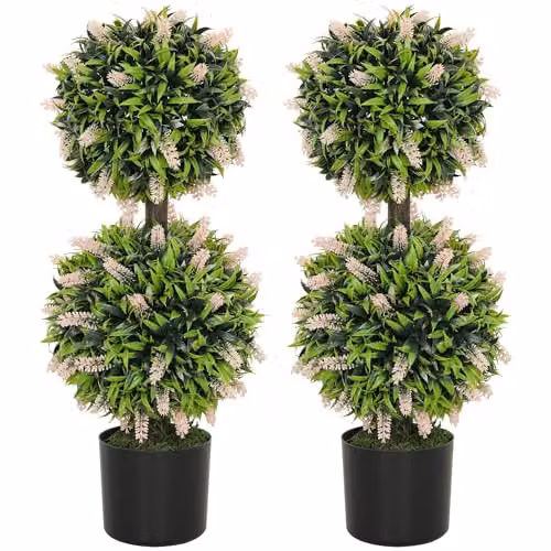HOMCOM Set of 2 Pink Decorative Artificial Ball Trees in Concrete Pots, Height: 70 cm