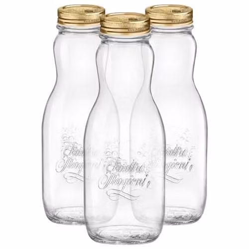 Bormioli Rocco Quattro Stagioni Glass Juice Bottles with Screw Top Lid, 1 l, Pack of 3, Transparent and Gold – 1