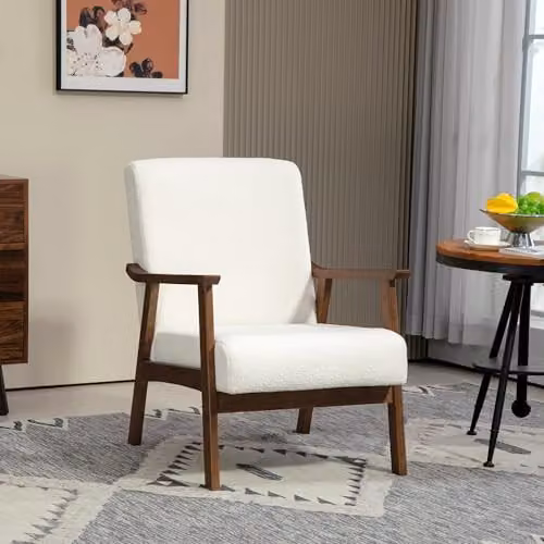 HOMCOM Mid-Century Boucle Accent Armchair with Solid Wood Frame in White – 2
