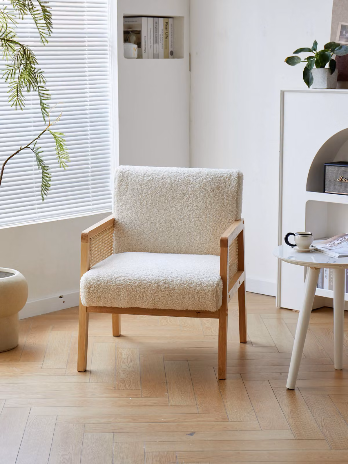 Nordlys Scandinavian Lounge Armchair with Solid Wood Frame and White Bouclé Fabric – 2