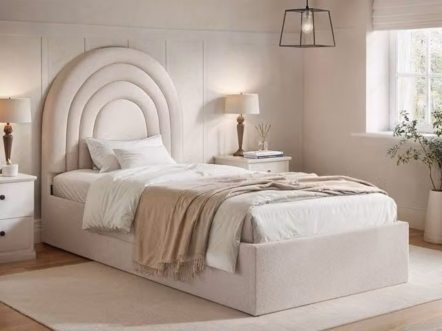 Flair Ava Single Ottoman Bed in Beige Bouclé Fabric, H 122 cm x W 100 cm x D 200 cm – 1