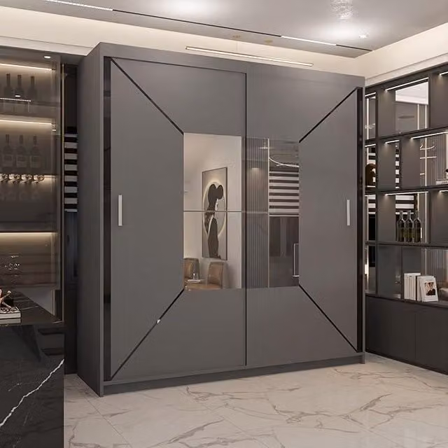 Sliding Wardrobes 4U Modern Double Sliding Wardrobe with Integrated LED Light in Grey, W: 150 cm, H: 217 cm, D: 62 cm