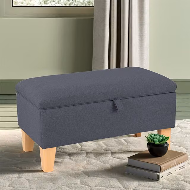 Livingandhome Linen Fabric Upholstered Storage Ottoman Pouffe in Dark Grey, Width: 71 cm