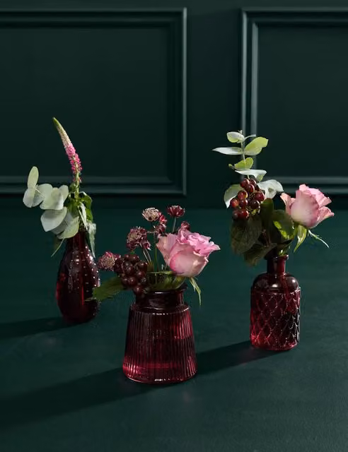 M&S Flower Market Autumnal Trio Tablescape Red Glass Round Mixed Floral Set
