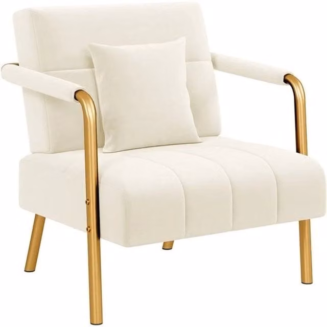 Kelvenix Velvet Accent Armchair in Beige with Armrests and Pillow, W: 75.5 cm, H: 76 cm, D: 72.5 cm