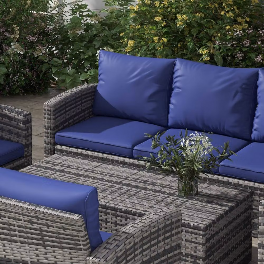 Wyld Haus Resuno 7 Seater Rattan Outdoor Sofa Set with Storage in Grey and Blue – 7