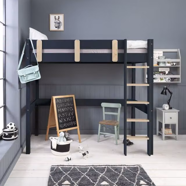 Noa and Nani Una Highsleeper Single Bed in Anthracite Grey with Stairs and Solid Pine Wood