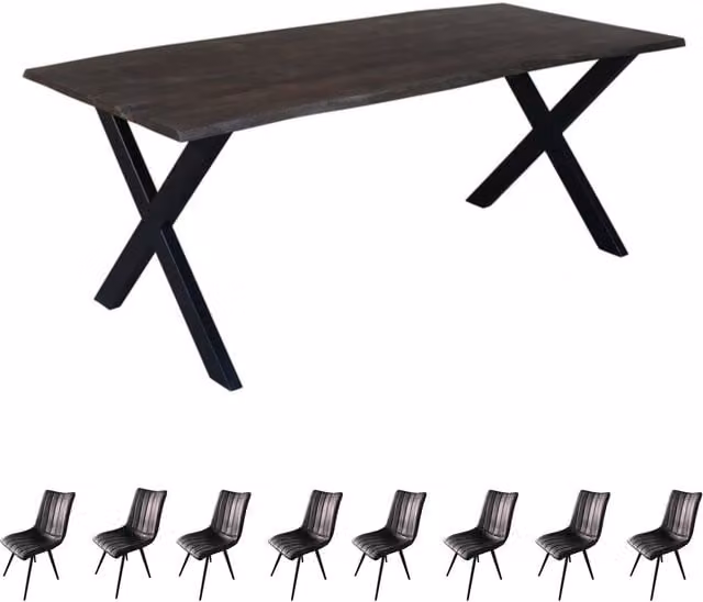 IH Design Live Edge Acacia Wood and Metal Rectangular Dining Table Set with 8 Grey and Brown Chairs