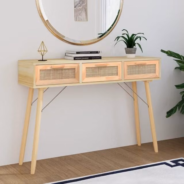 Berkfield Home Brown Console Table in Solid Pine and Natural Rattan, W: 105 cm, D: 30 cm, H: 75 cm – 1