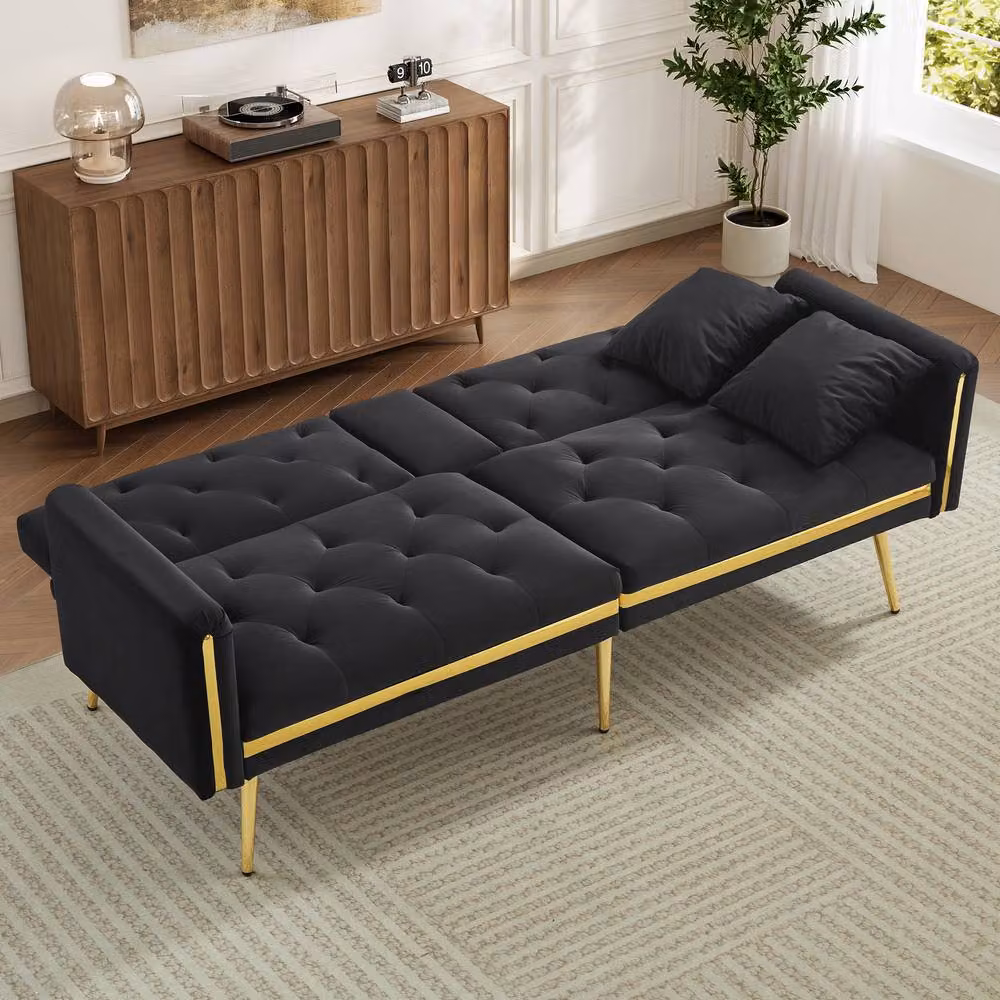 ModernLuxe Black Velvet 2-Seater Convertible Sofa Bed with Adjustable Headrest and Cup Holders – 9