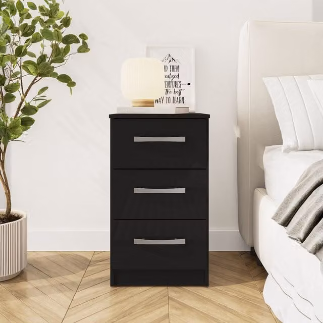 Birlea Lynx 3 Drawer Bedside Table in Black with Silver Accents