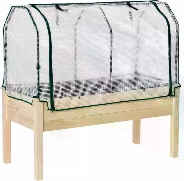 Outsunny Brown Wooden Raised Garden Bed with PE Greenhouse Cover for Herbs and Vegetables – 1