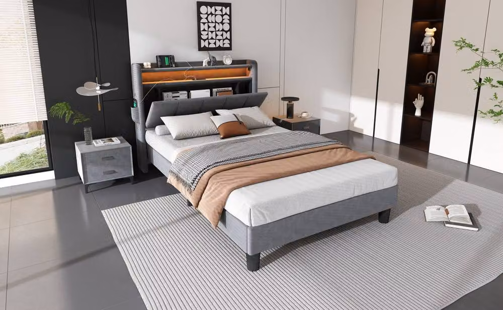 STILVORA Single Upholstered Bed in Grey with Under-Bed LED Lighting, USB Charging Port and Side Compartment Storage, W/D/H: 90 x 190 x 107 cm – 9