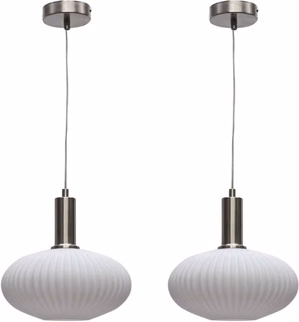 First Choice Lighting Baton Set of 2 Deco Pendant Lights with White Ribbed Oval Glass and Satin Nickel Finish